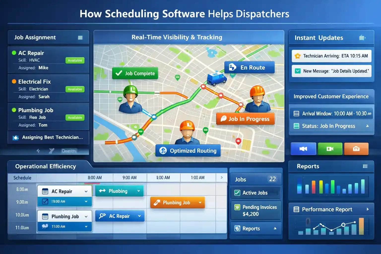 Dispatch dashboard with real-time tracking, routing, and job updates